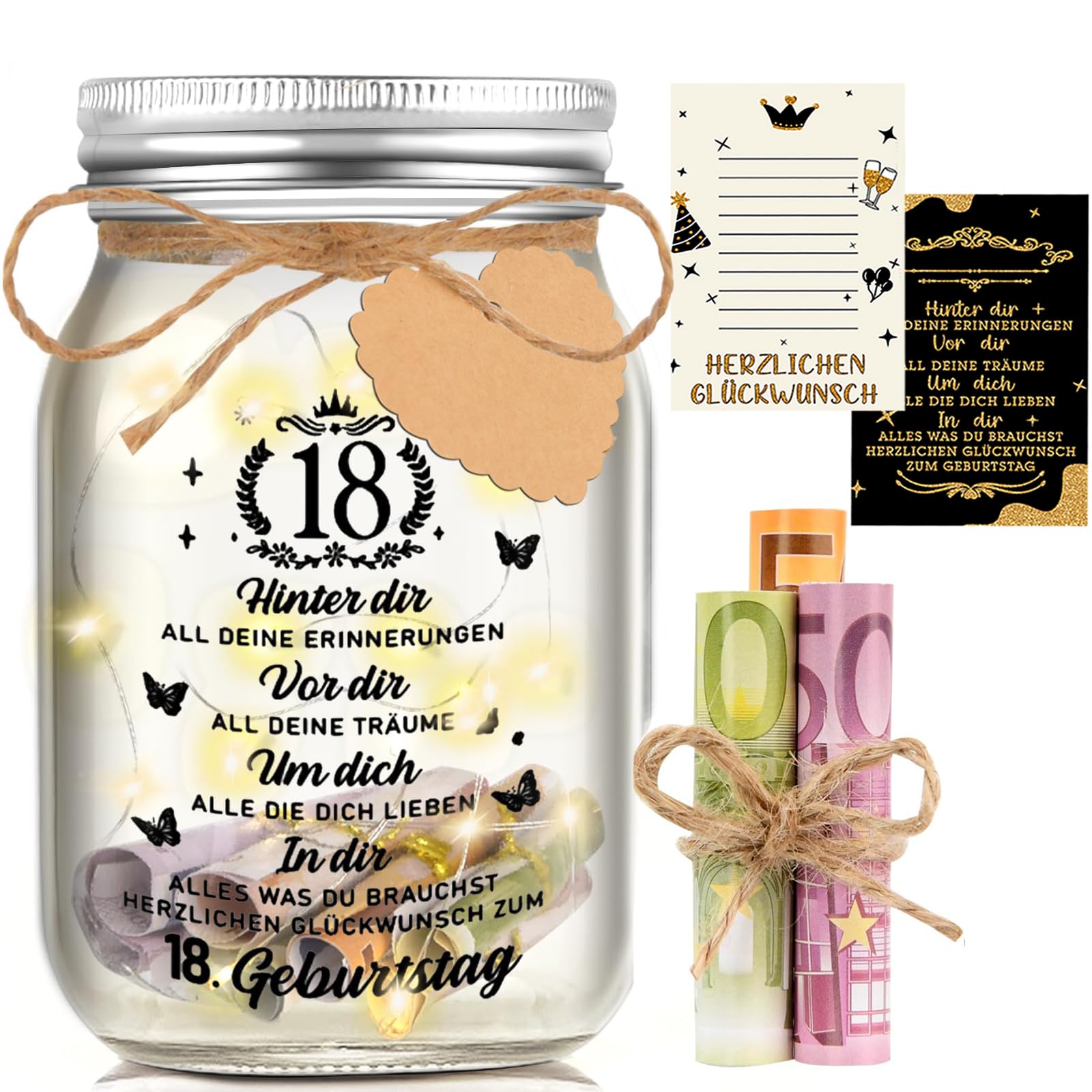 Johiux Geschenke zum 18 Geburtstag Mädchen Junge,LED Flaschenlicht Geldgeschenke Geburtstag 18,Geburtstag Geldgeschenke Verpackung,18.Geburtstagsgeschenk Geld Leuchtflasche Geschenkideen.(12.8x8cm)