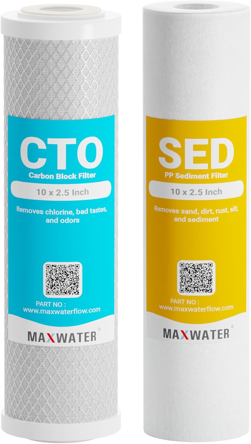 Max Water 5 Micron Replacement Water Filter Set 10” x 2.5” Sediment & Carbon Block (PP + CTO), Set of 2 for Standard RO & Whole House Water Systems