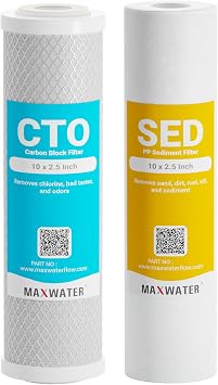 Max Water 5 Micron Replacement Water Filter Set 10 x 2.5 Sediment & Carbon Block PP + CTO, Set of 2 for Standard RO & Whole House Water Systems
