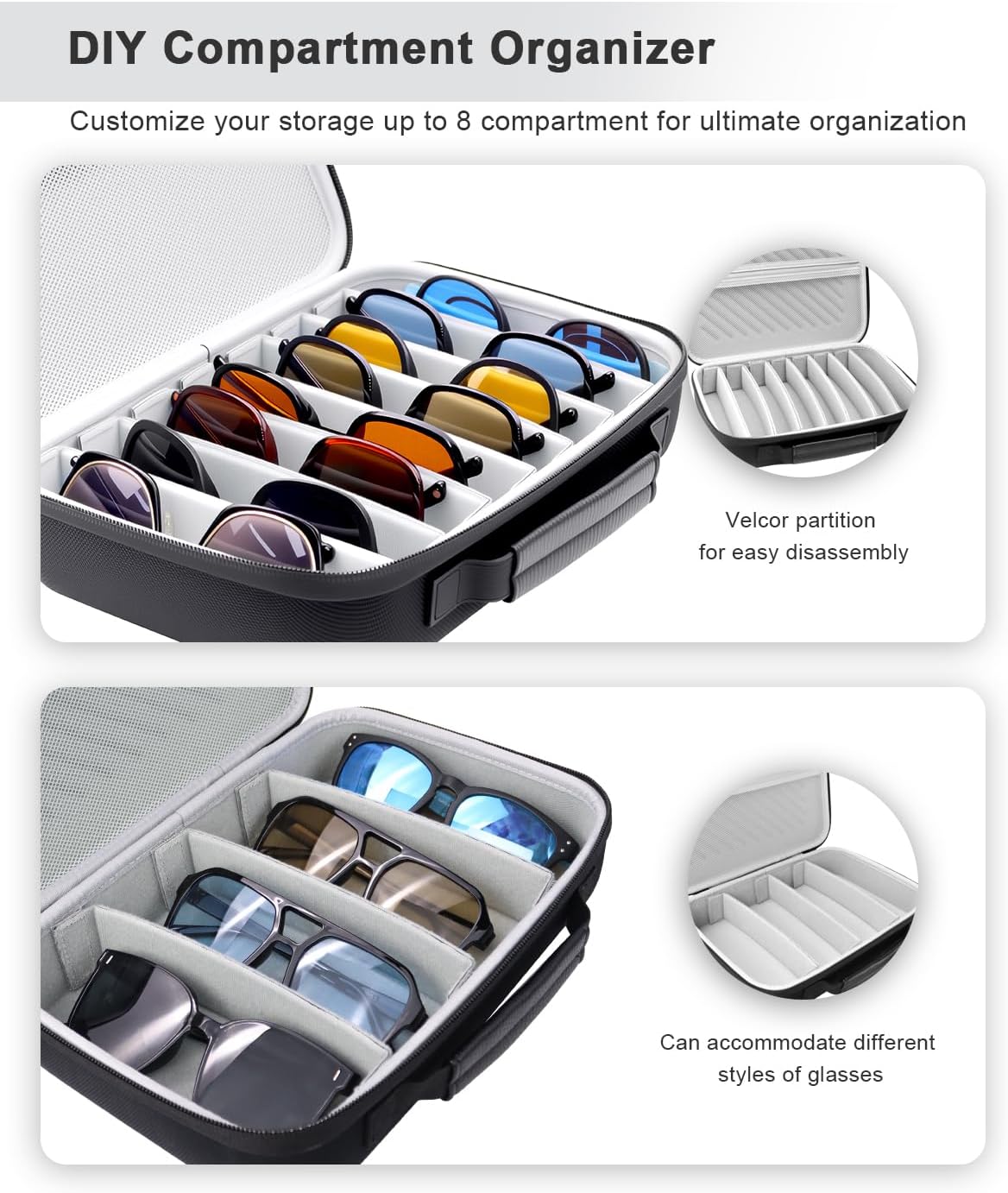 Krypthos Travel Sunglasses Organizer Case, Portable Eyeglasses Storage Box, Adjustable Multi-Compartments & Crushproof Design, Holds Up to 8 Pairs, Eyewear Display Case for Men Women - Image 3