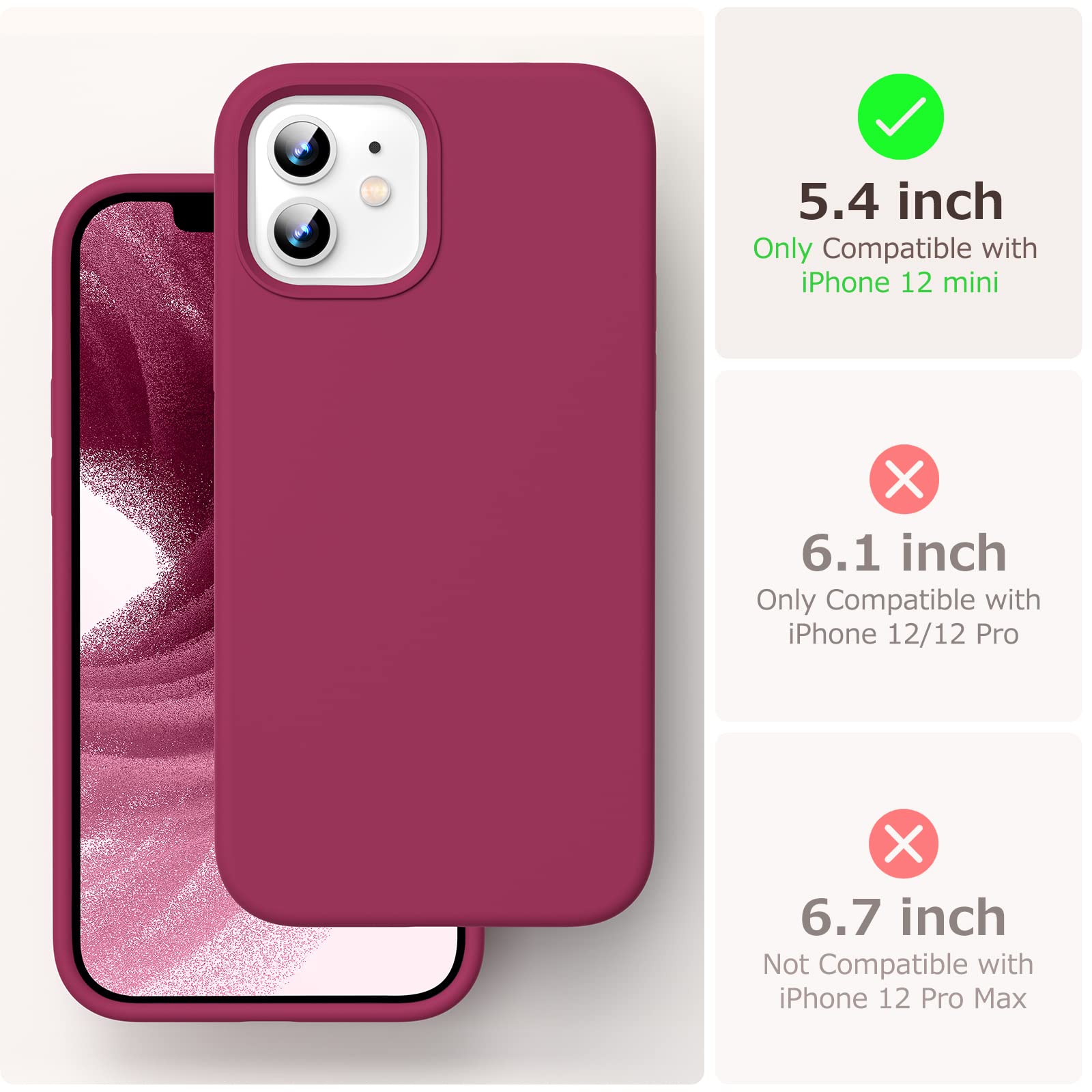 GOODVISH 3 in 1 Cover in Silicone per iPhone 12 Mini 5,4", con 2 Pezzi di Pellicola Protettiva, Silicone Liquido Custodia per Cellulare con Morbida Microfibra Antiurto,Rosa Rossa