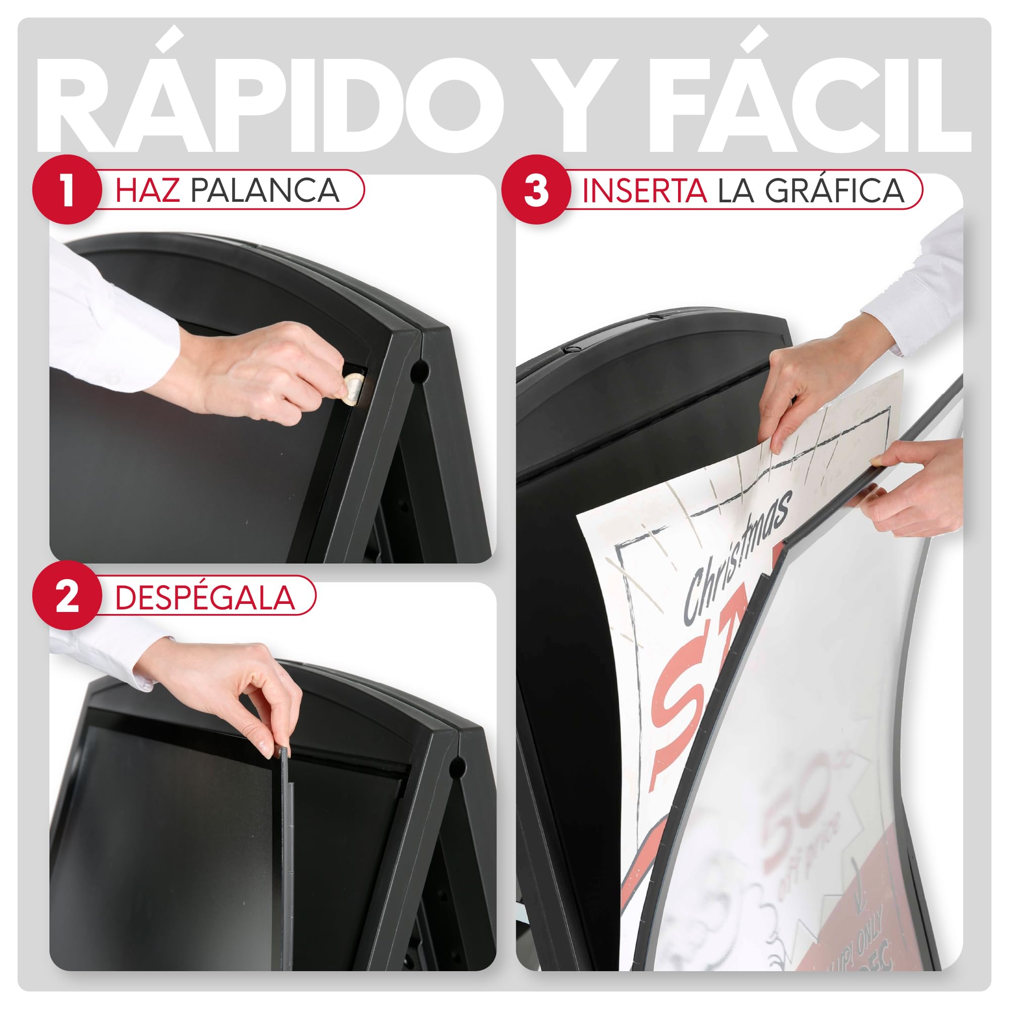 Caballete Publicitario de Acera | Expositor Plegable de Plástico con Asa y Cubierta Antirreflejos | Apto para Carteles en Hostelería y Comercios