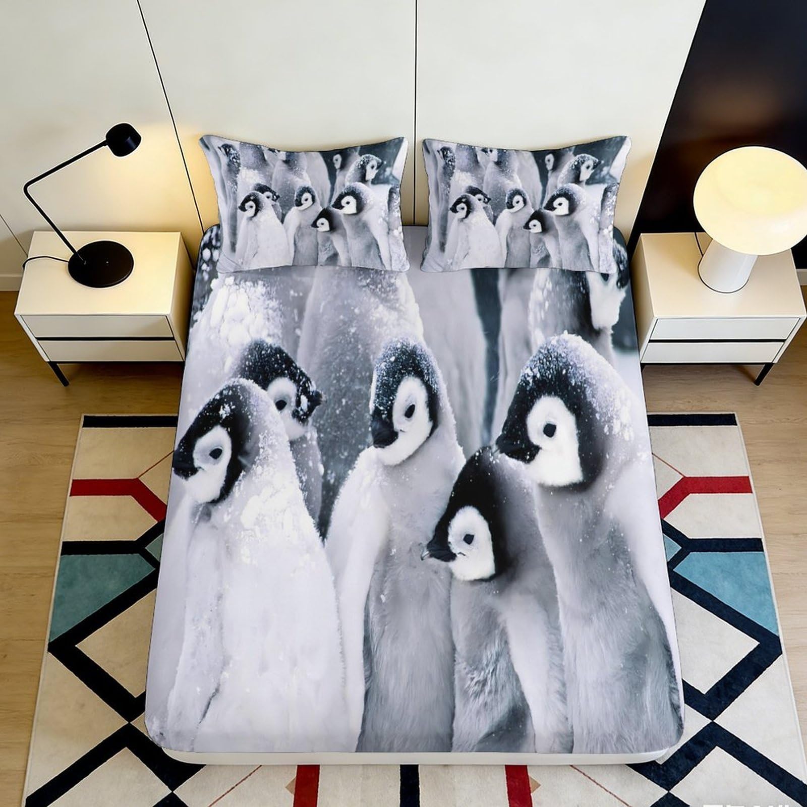 3D Printed Penguin Chicks Fitted Sheet Microfiber Soft Grey Snowy Arctic Bed Cover for Bedroom Dorm Mattress Protection Decor 90x200x25cm