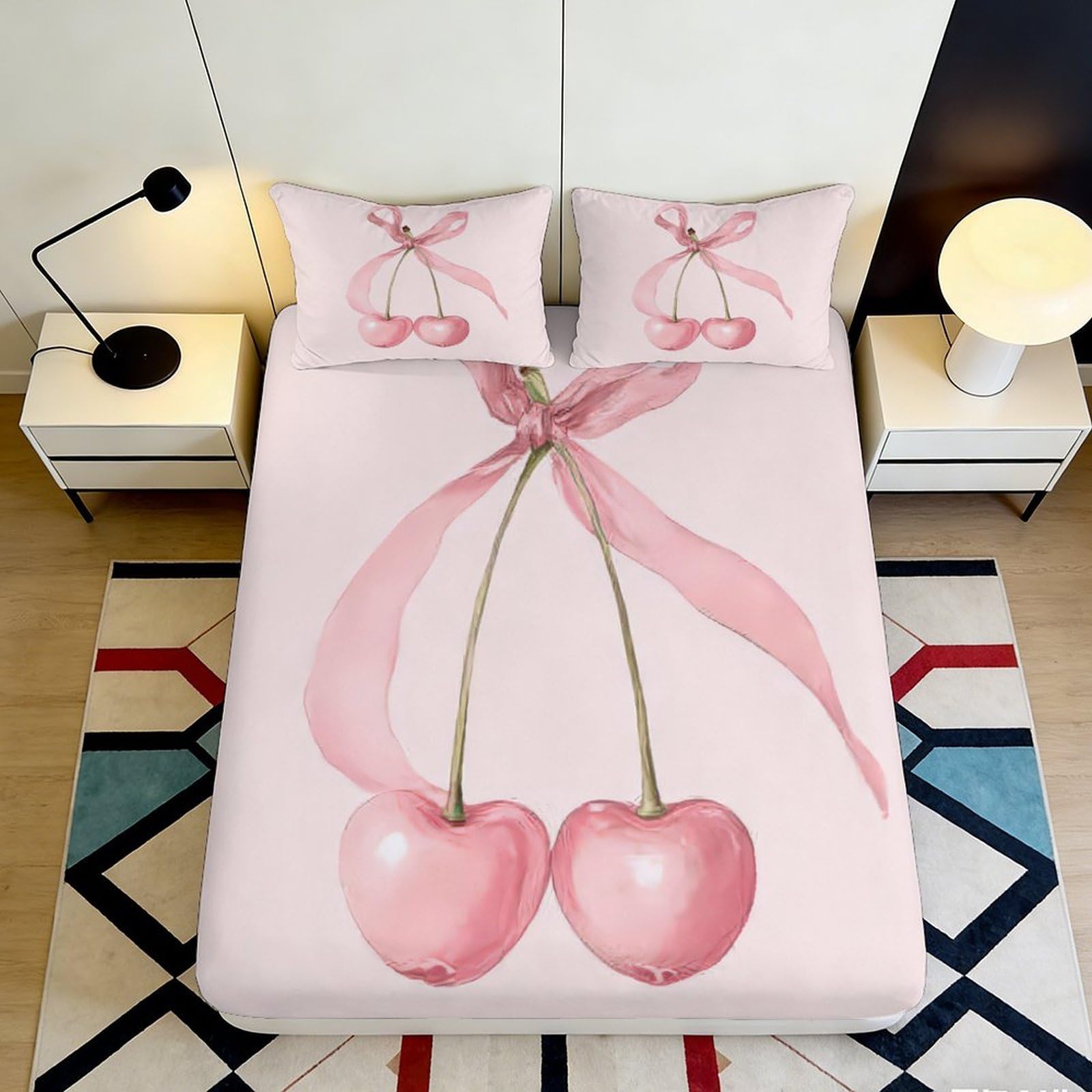 3D Printed Cherry Bow Fitted Sheet Microfiber Deep Pocket Bedroom Bedding Set Cherry Mattress Fitted Cover Non-Slip for Adults Home 200x200x25cm 90x200x25cm