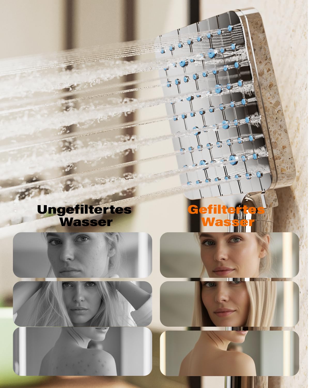 Soffione Doccia con Filtro per Acqua Dura Cobbe, 6+1 Modalità di Getto, Soffione Doccia ad Alta Pressione e Tubo Flessibile da 1,5 m con Filtro a 20 Stadi per la Rimozione del Cloro Residuo, Cromato