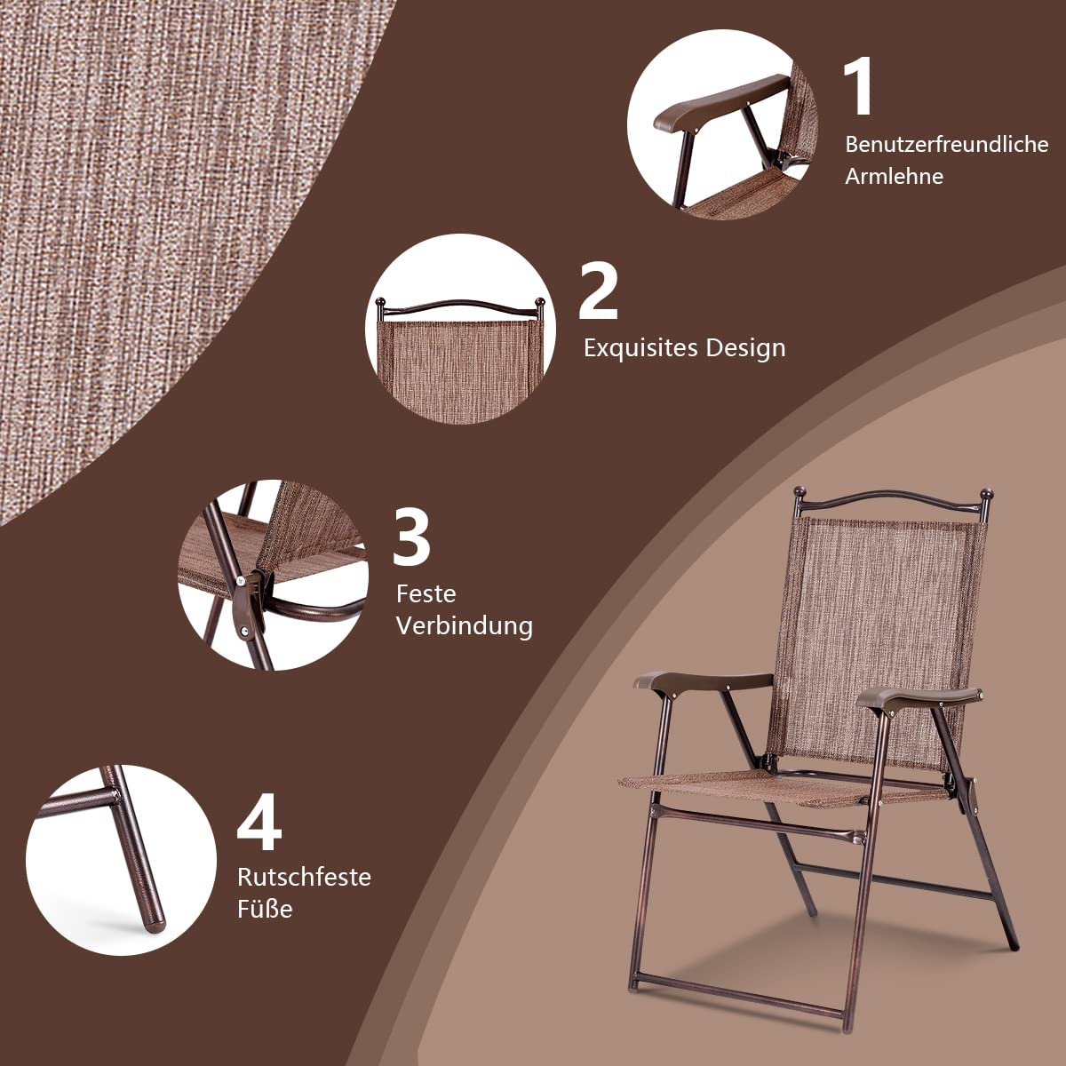 COSTWAY 2er Set Gartenstühle klappbar, Hochlehner wetterfest Gartenstuhl Klappstuhl bis 120 kg, Terrassenstühle mit Armlehnen für Garten, Terrasse, Pool, Braun