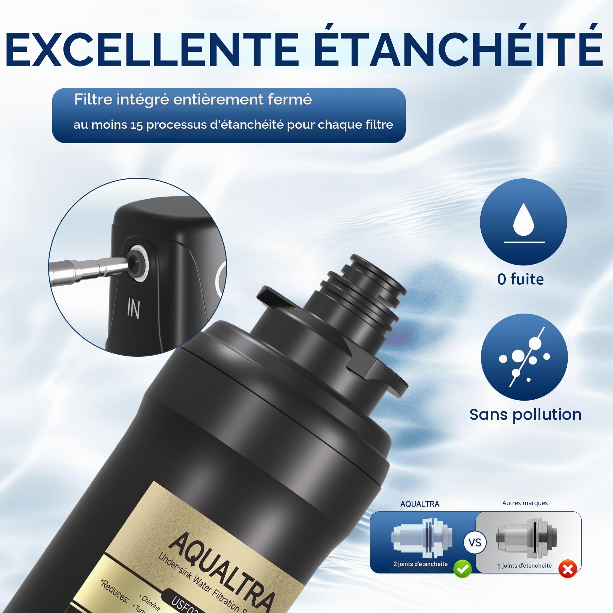 AQUALTRA USF02-BK Système sous évier, 75700L, certifié NSF/ANSI/CAN 372, réduit PFOA, PFOS, chlore, plomb, mercure, chloramine, fluorure, microplastiques, mauvais goût & odeur