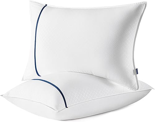 Bedsure Juego de 2 almohadas de hotel tamaño Queen  Paquete de 2 almohadas de lujo para dormir con tira decorativa, funda transpirable, almohadas