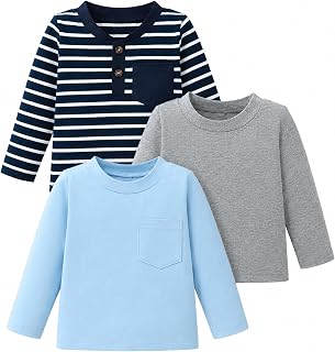 Jecson Toddler Boy Clothes Boys Long Sleeve Shirt 3-Pack Cotton Tees 12M-5Y | 3-pack toddler boy tees with soft stretch fabric, breathable comfort, fade resistant, shrink resistant, and lasting shape