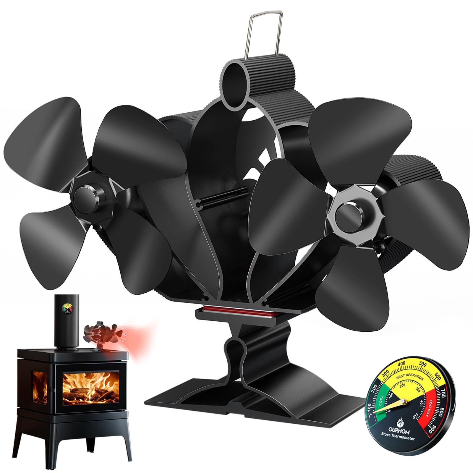 Wood Stove Fan, Fireplace Fan with Magnetic Thermometer & Bracket, 8 Blades Heat Powered Fan, Silent Motors, Horizontal Air Flow for Wood/Pellet Fireplaces (Black-Fan+Thermometer)