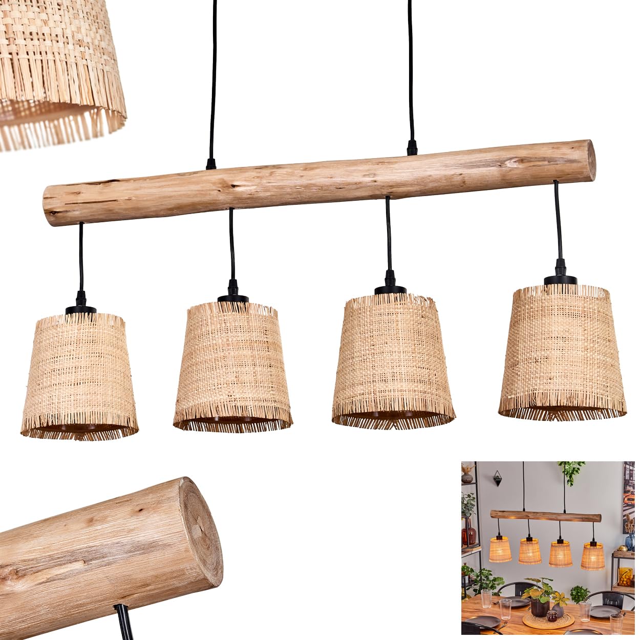 Lámpara colgante Soungou, moderna lámpara colgante de madera/metal/bastón en natural/negro/beige, lámpara colgante de 4 luces en diseño escandinavo, altura máx. 135 cm, 4 x E27, sin bombillas