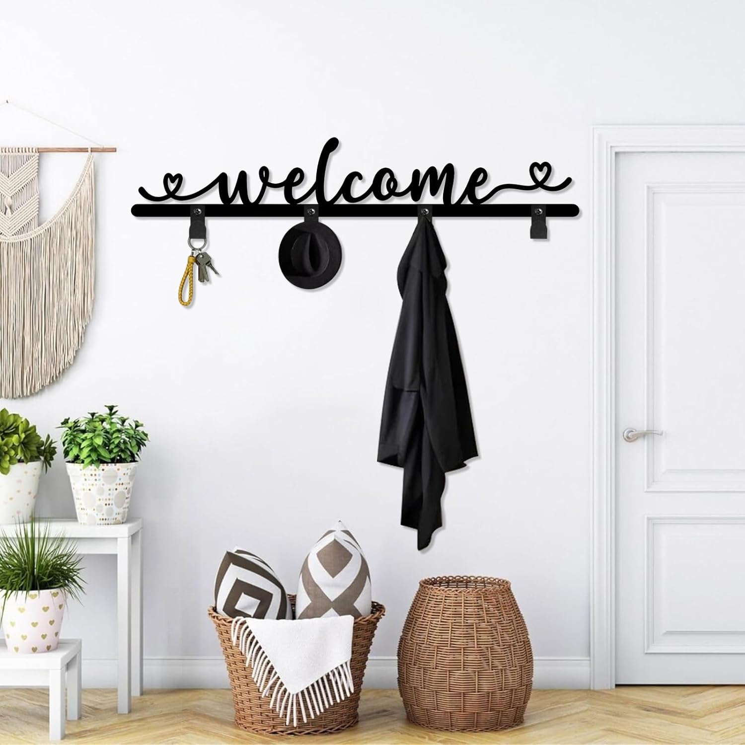 Metal Welcome Coat Rack, Welcome Wall Mount, Welcome Sign Wall Hanger, Keys Holder, Clothes Hook, Entryway Living Room Decor (Black, 6"x35"|16x90cm)