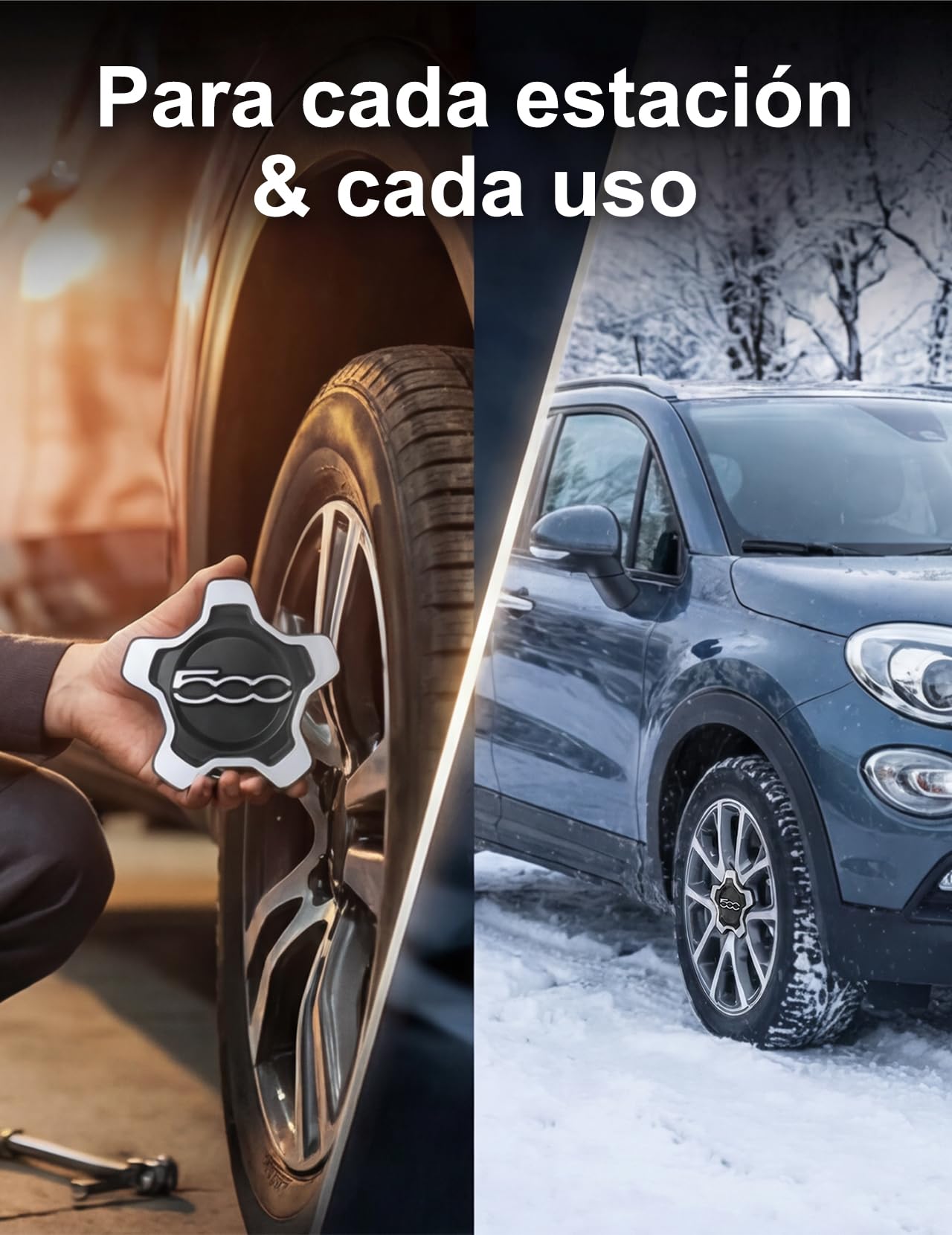Tapacubos para FIAT 500X, Ajuste Original con número OE 735626312 735626311 protección contra líquidos ABS Resistente (4 Borde Plata Letras Plata)