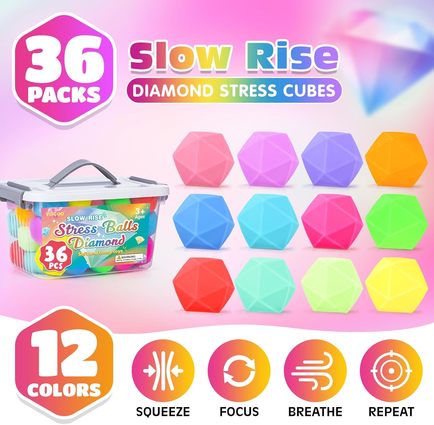VISCOO 36 Pack Diamond Slow Rising Stress Balls, Soft Stress Cube, Cube Squishy Fidget Toys for Anxiety Relief, Dough Squeeze Toys for Classroom Prize, Party Favors for Kids Adults