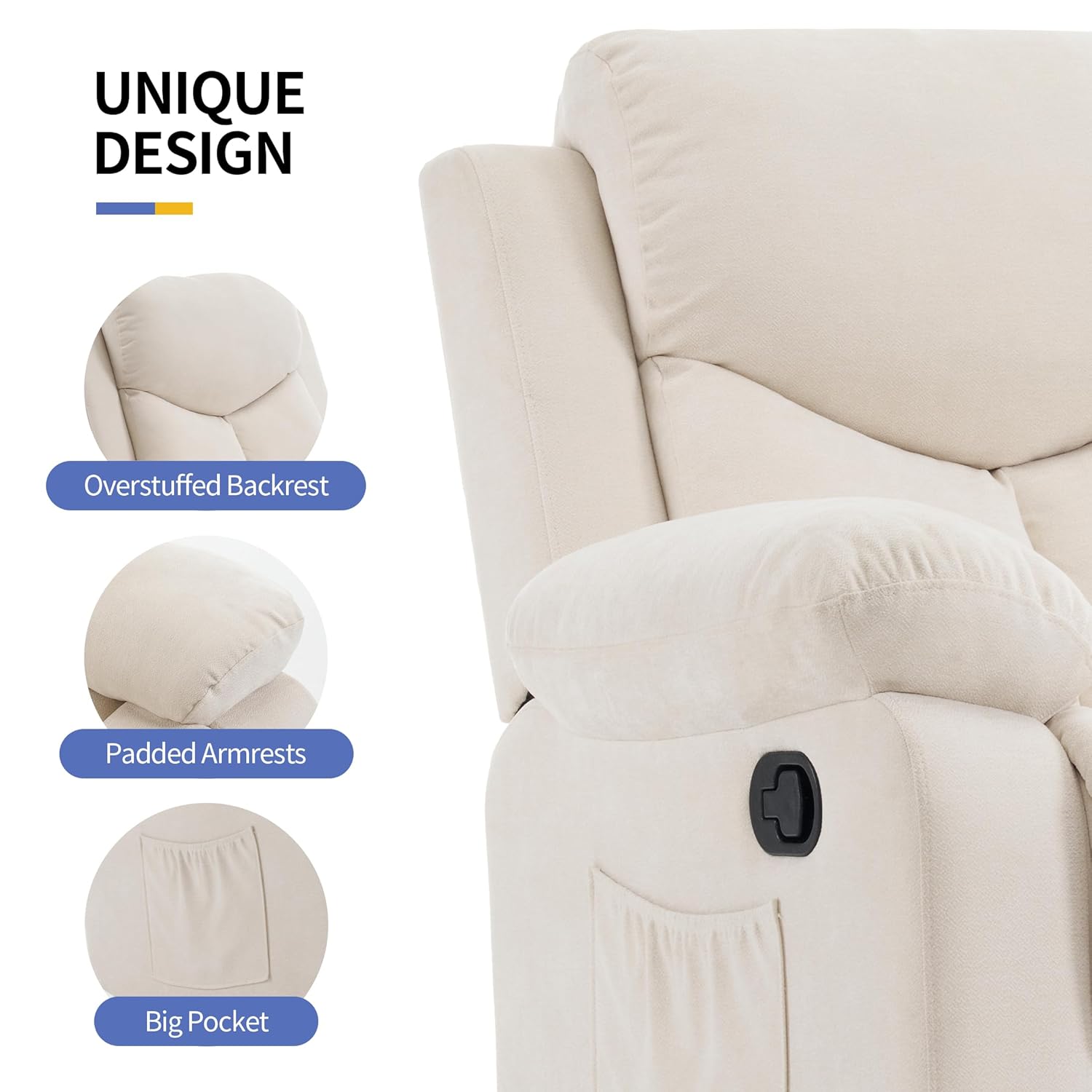 Sftaiyou Manual Rocker Recliner Massage Chair for Adults,Overstuffed Glider Rocking Recliner Fabric Chair for Living Room,Upholstered Soft Reclining Chair with Side Pockets (Beige) Sftaiyou Manual Rocker Recliner Massage Chair for Adults,Overstuffed Glider Rocking Recliner Fabric Chair for Living Room,Upholstered Soft Reclining Chair with Side Pockets (Beige)