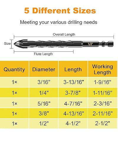 Miniatura 4 de Juego de brocas de mampostería - Broca de cemento, juego de brocas de hormigón profesional (5 piezas) para vidrio/ladrillo/cemento/azulejo/etc
