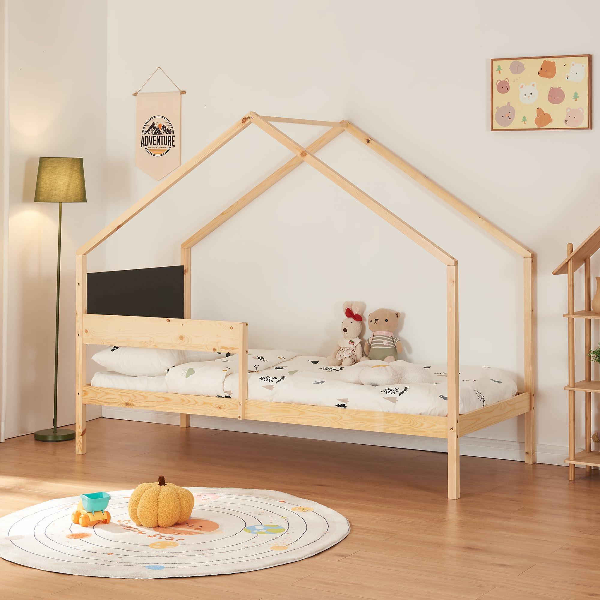 [en.casa] Letto Casetta Doppio Posto per Cameretta Bambini con Secondo Letto Estraibile Posti Letto a 90 x 200 cm Struttura in Legno di Pino Naturale