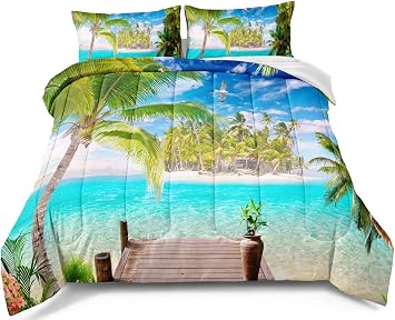 BDUCOK Ocean Comforter Set Queen Size Beach Bedding Set Tropical Palm Tree Hawaii Ocean Comforter Set Sunny Beach Coastal Nature Theme All Season Comforter Queen Size 1 Comforter with 2 Pillowcases