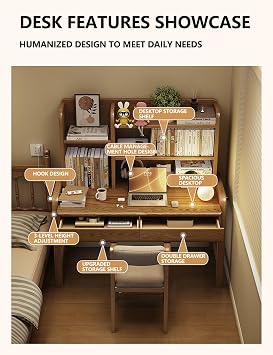 Home Office Computer Desk with Storage Shelves, Solid Wood Writing Table with Cable Management & Side Hooks, Height Adjustable Workstation for Small Spaces(Blue,W/CHR,33.9in)