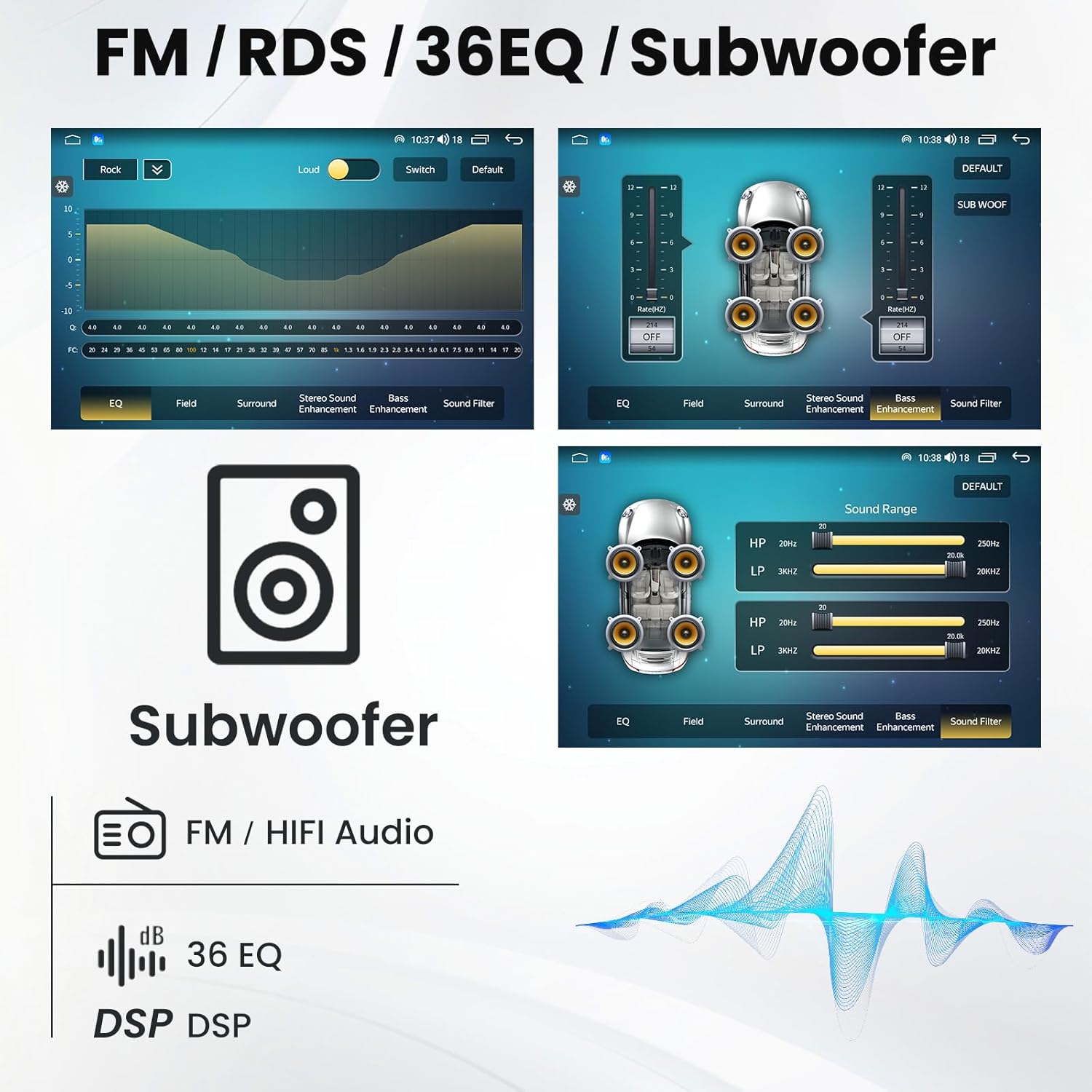 Image showing the car radio display with FM/RDS radio interface, 36-band EQ settings, subwoofer controls, and sound filter options.