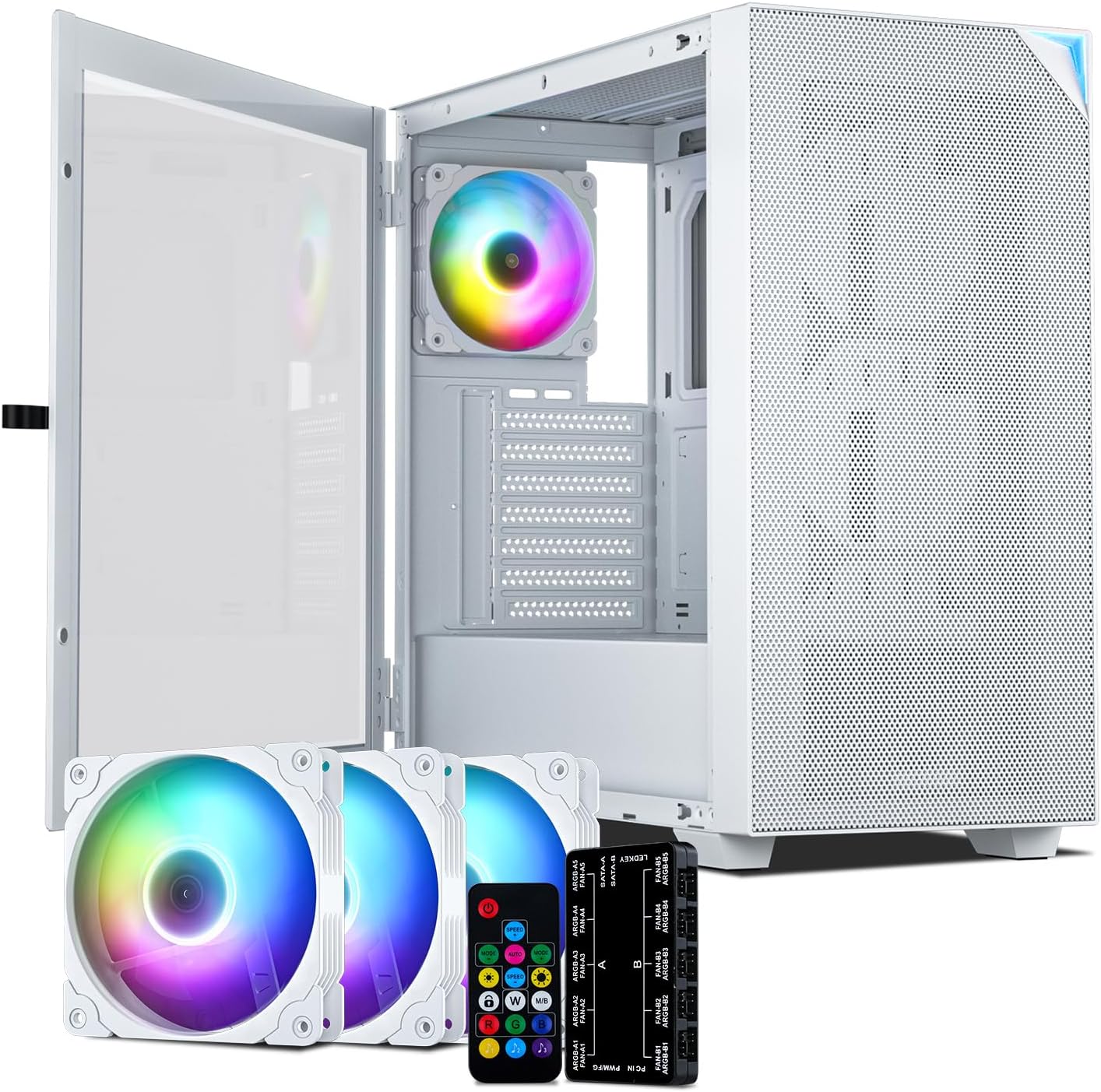 VETROO AL800 Full Tower PC Computer Case w/Door Opening Design Tempered Glass, E-ATX/ATX Support, Built-in ARGB LED Strip in Front Mesh Panel, Type-C Ready, 4Pcs 120mm Addressable RGB Fans -White