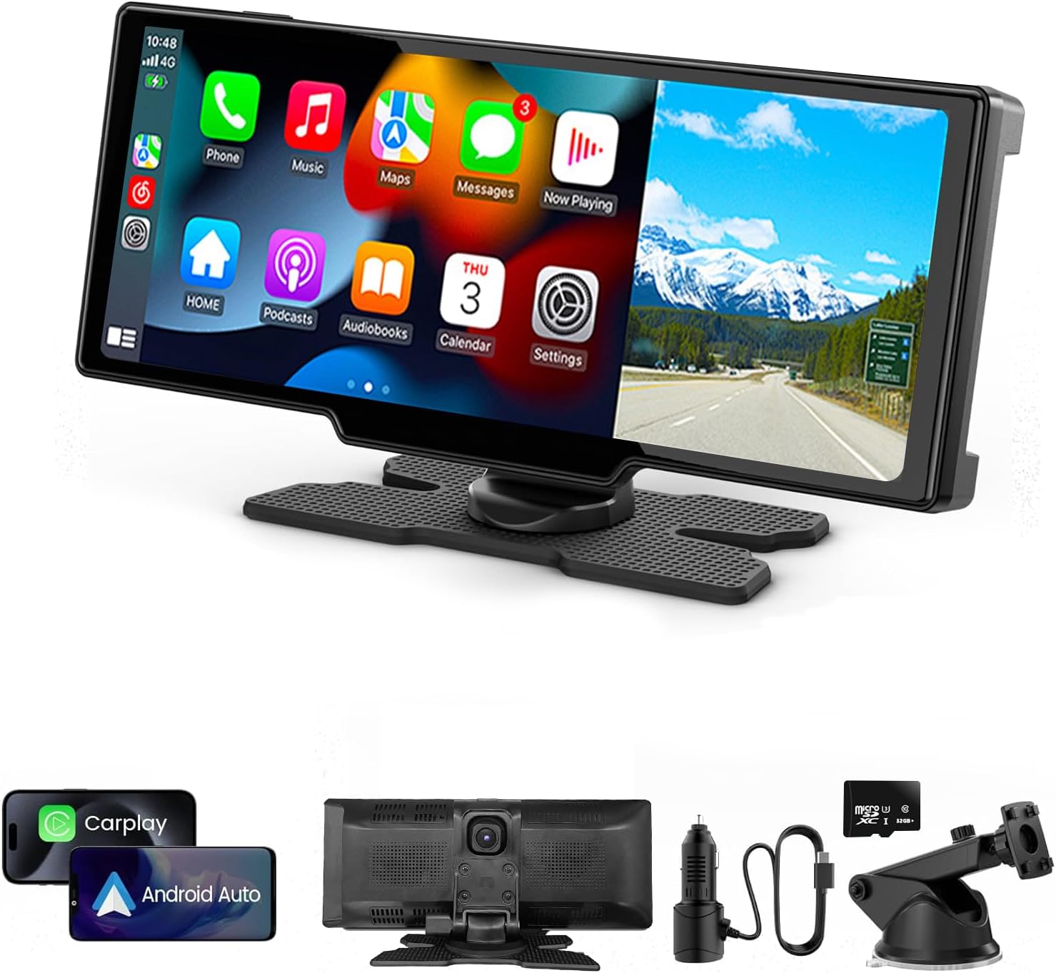 Portable Apple CarPlay & Android Auto Screen for Car | 2.5K Dash Cam | 10.26'' Touchscreen Car Stereo with Voice Control, Music Play, GPS Navigation, FM Transmitter & Mirror Link