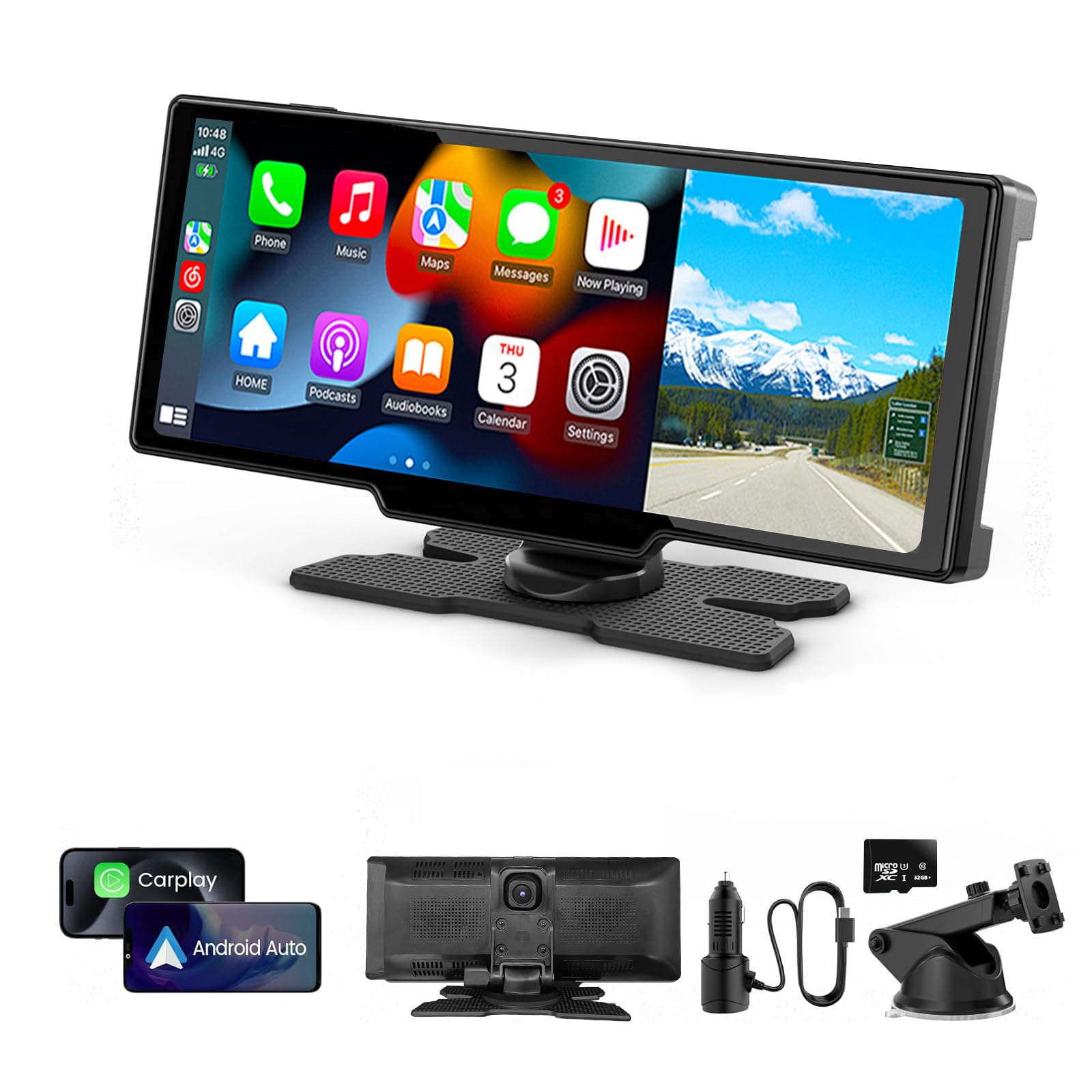 Portable Apple CarPlay & Android Auto Screen for Car | 4K Dash Cam | 10.26'' Touchscreen Car Stereo with Voice Control, Music Play, GPS Navigation, FM Transmitter & Mirror Link