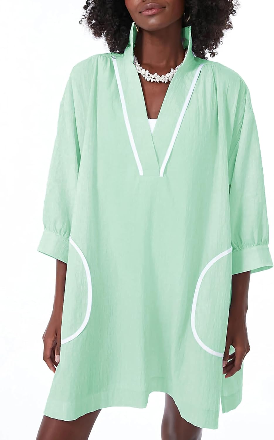 Ailoqing Swimsuit Coverup Womens V Neck 3/4 Sleeve Casual Shirt Dress with Pockets