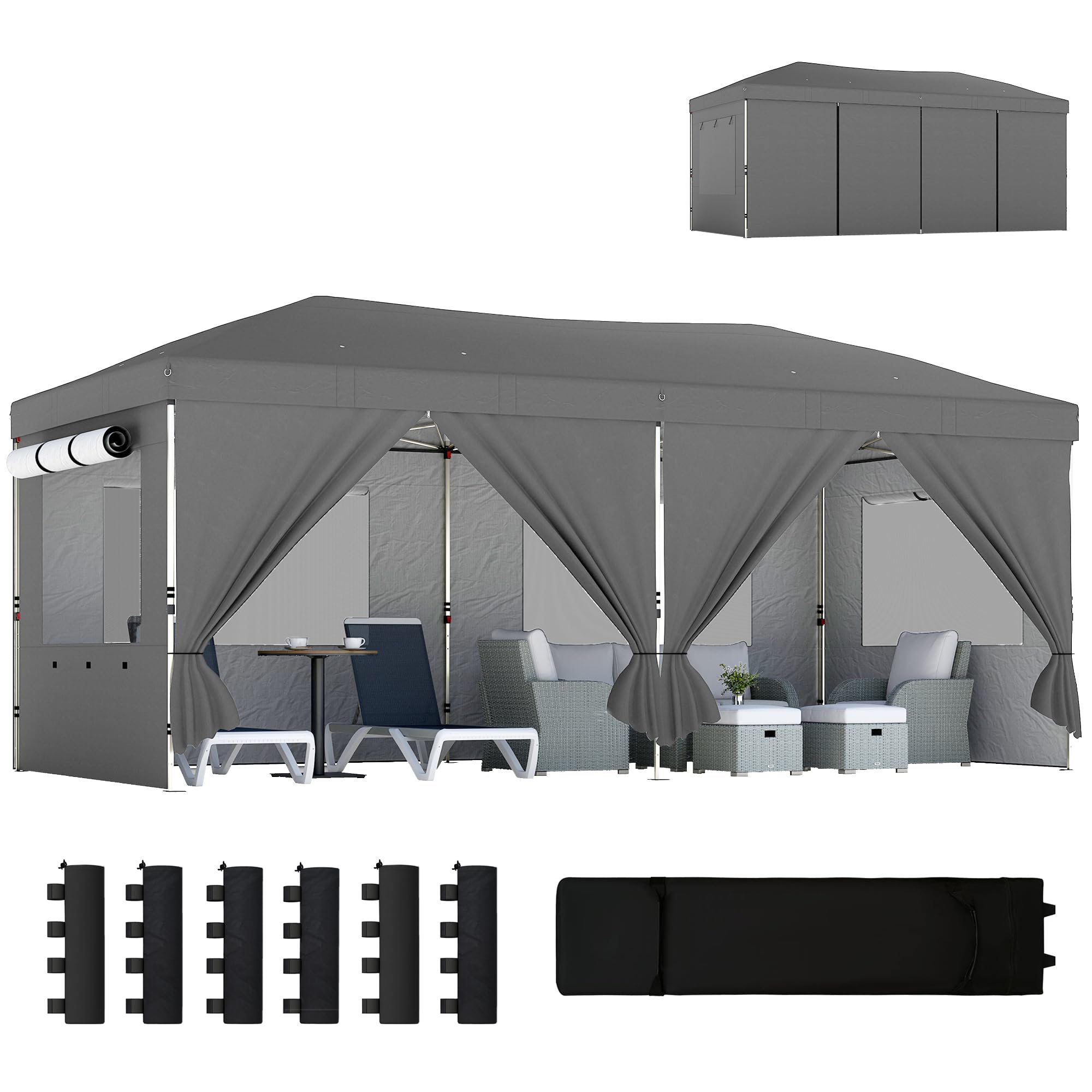 Outsunny Gazebo Pieghevole 3x6m Pop Up con 6 Pareti Laterali e Finestre in Rete, Gazebo da Giardino Altezza Regolabile con Sacchi di Sabbia, Borsa a Ruote, UV50+ per Esterno Feste, Grigio Scuro