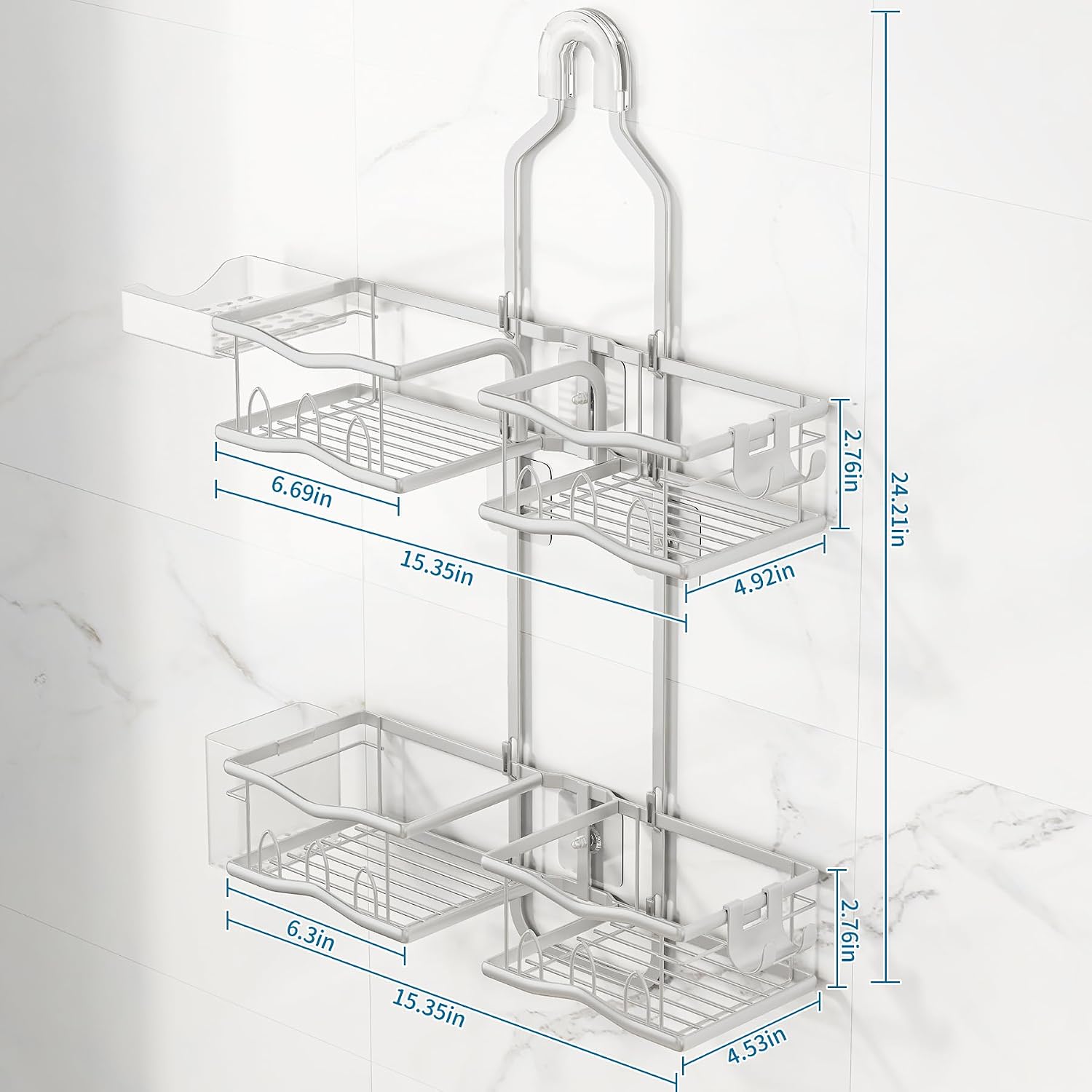 Shower Caddy Hanging for Bathroom Organizers and Storage, Rustproof Shower Hanging Organizer with Hooks for Razors Over Shower Head Caddy Organizer with Soap Holder Bathroom Accessories（Sliver）