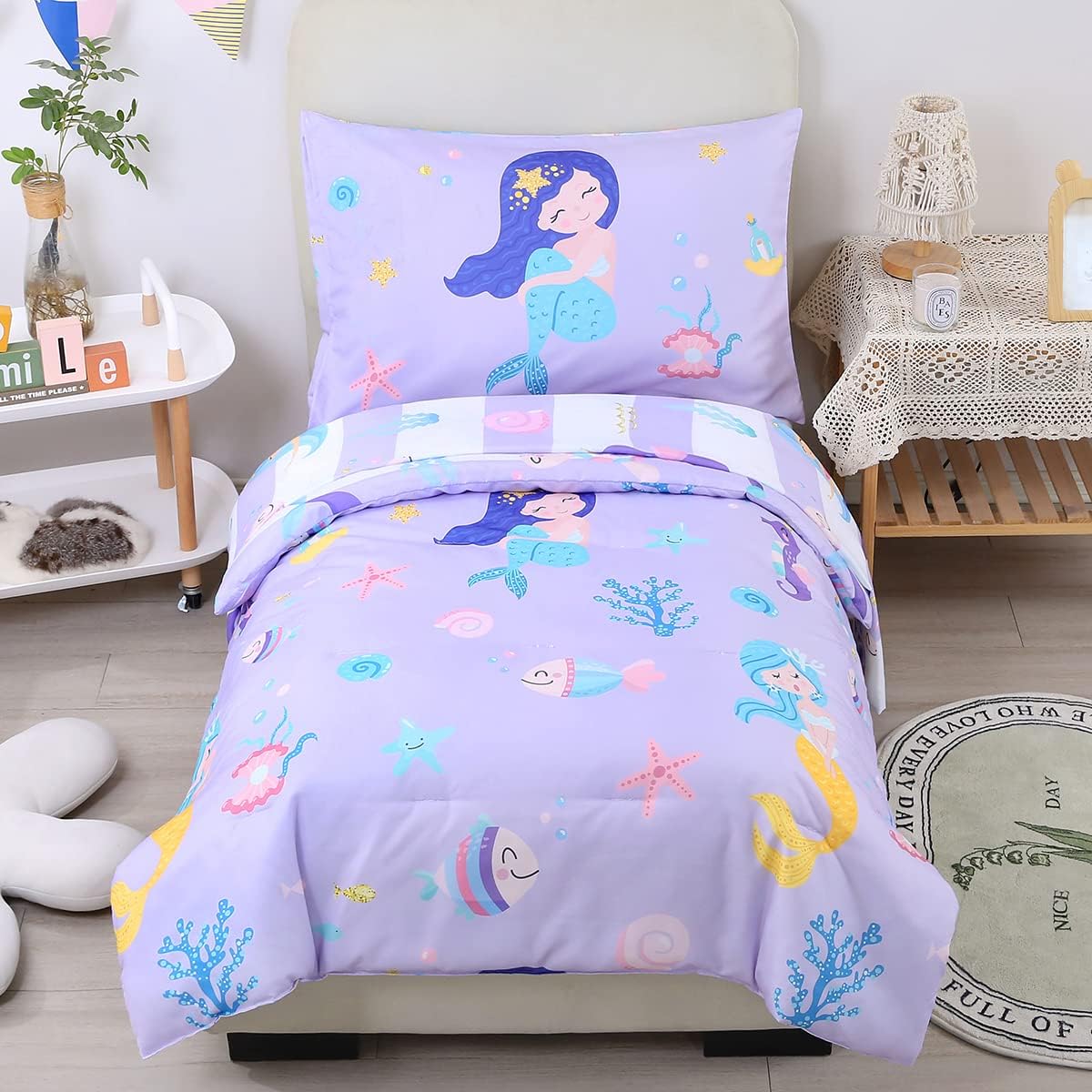 4-Piece Toddler Bedding Set - Ultra Soft Cartoon Mermaid Girls Toddler Comforter Set Coral Starfish - Include Comforter, Flat Sheet, Fitted Sheet and Reversible Pillowcase, Purple Mermaid