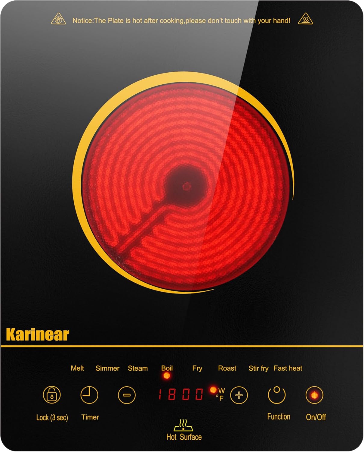 Karinear Portable Electric Cooktop, Electric Stove Single Burner Ceramic Cooktop with Touch Control, Child Safety Lock, Timer, Residual Heat Indicator, Overheat Protection, 1800W 110V Infrared Burner