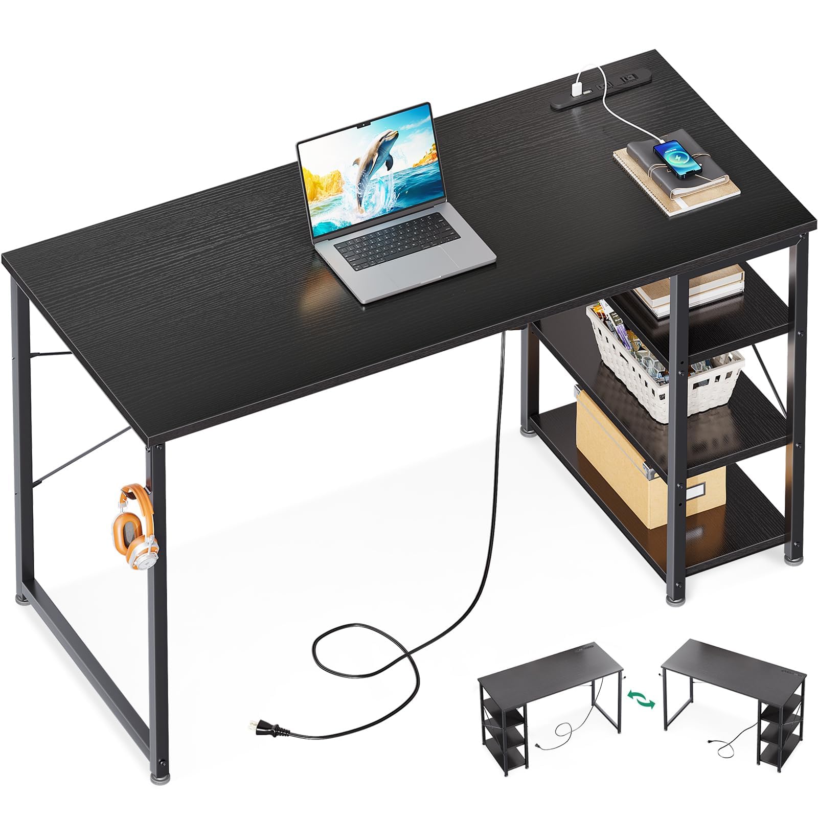 Amazon | デスク 机 pcデスク 幅120cm コンセント付き 3段ラック付き