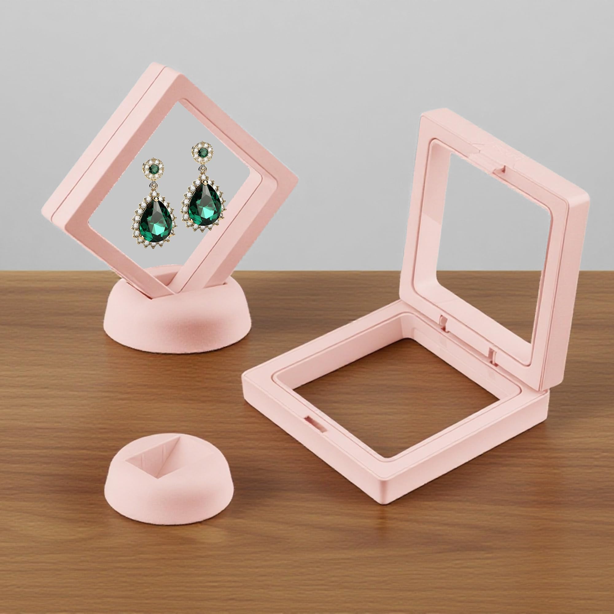 10-Pack Elegant Jewelry Display Boxes with Round Bases – 3D Floating Effect, Dustproof & Protective, Transparent PE Film (2.75×2.75 in) – Showcase Rings, Necklaces, Coins & Collectibles - Light Pink