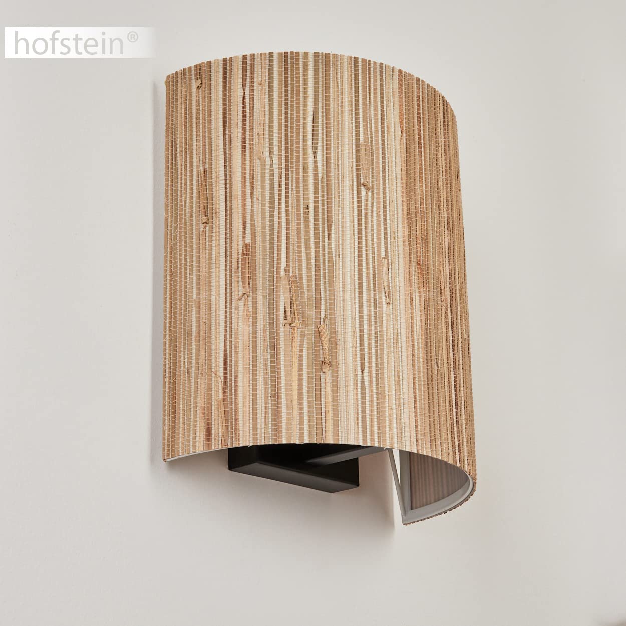 Aplique Bongal, lámpara de pared de diseño boho de metal/seagrass en negro/naturaleza, punto de pared con pantalla redonda de seagrass. Con efecto up&down en la pared, 1 lámpara, sin bombilla(s)