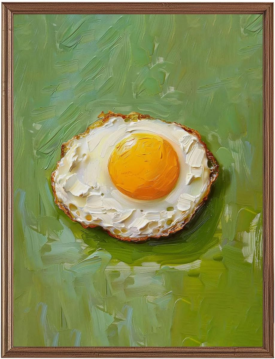 Vintage Kitchen Wall Decor Fried Egg Oil Painting Print Food Wall Pictures Retro Food Poster Oil Painting Artwork for Restaurant Table Kitchen Living Room Office Home Decorations，12"x16" Unframed