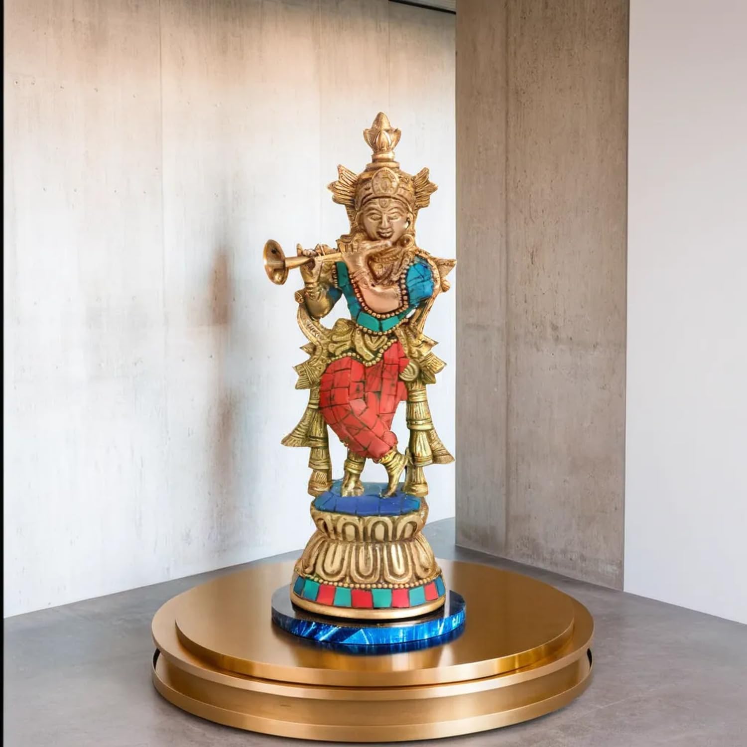 Kartique Brass Krishna Bhagwan Idol Murli Statue Murti Gift for Home Mandir Decor God Deity Lord Religious Marriage Gift Multicolor Stone Work Height 6.5Inch - Image 6 thumbnail