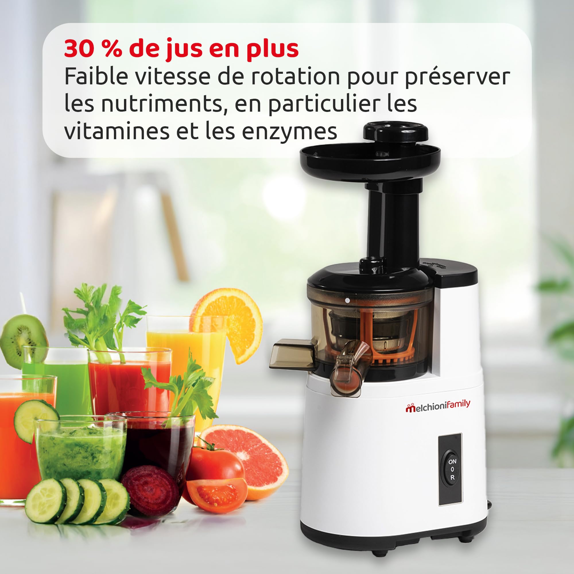 Melchioni Family | Extracteur de Jus de Fruits et Légumes à Froid VEGA, Extraction Lente pour Préserver les Vitamines, Antioxydants et Nutriments, Démontable, 150W, Sans BPA et BPS, Acier Inoxydable