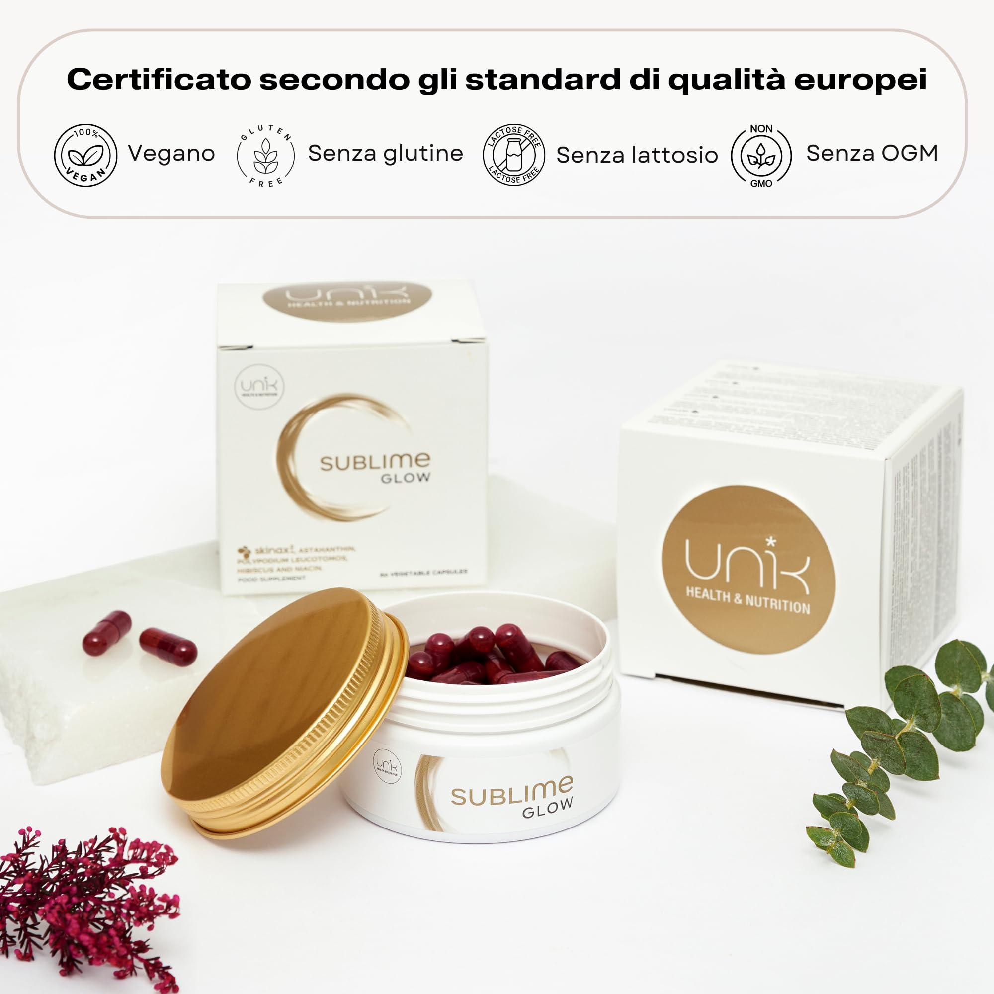 Astaxantina Integratore Glow Pelle 60 Capsule – SkinAx Niacina Zinco Polypodium Hibiscus – Antiossidante Potente per Tono Uniforme, Occhiaie e Rossori – Nutricosmetico | Unik Health