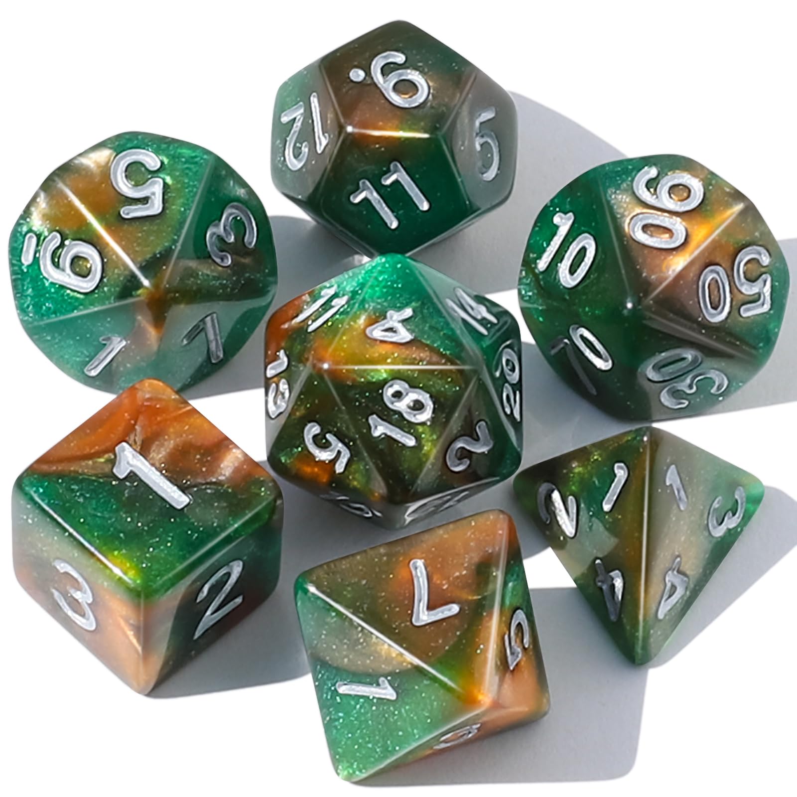 CiaraQ DND Polyhedral Dice Set with Dice Bag for Dungeons and Dragons RPG MTG Role Playing Table Games (Green Mixed Orange + Glitter)