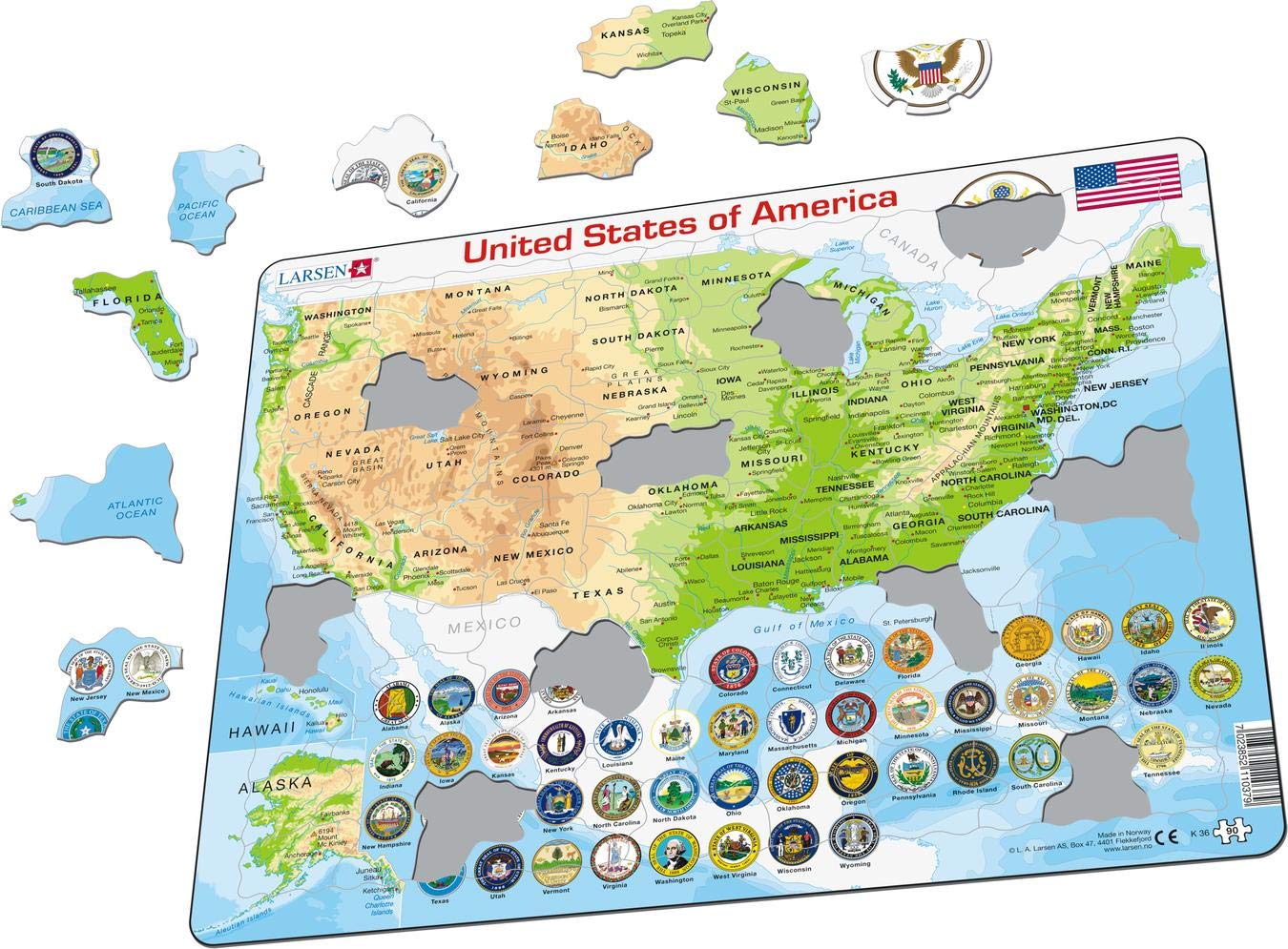 Larsen K36 Carte Physique des États-Unis d'Amérique, édition Anglais, Puzzle Cadre avec de 90 pièces