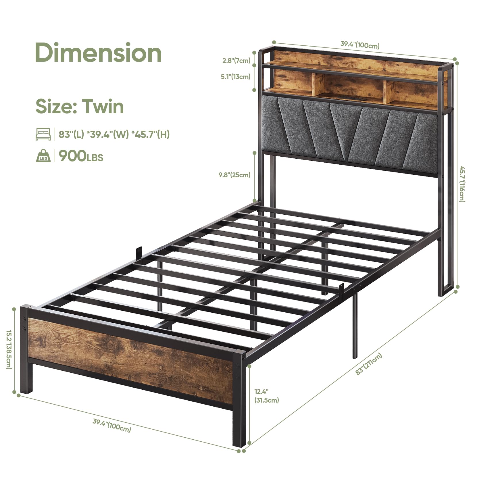 Welzona Twin Bed Frames with Headboard, LED Lights Bed Frames with Charging Station, 2-Tier Storage Shelves, Heavy Duty Metal Slats, Sturdy and Noise-Free, No Box Spring Needed, Easy Assembly, Brown