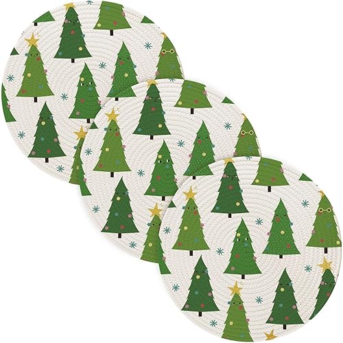 3 Pcs Extra Large Trivet Mat Funny Christmas Trees Characters Pattern for Hot Dishes 15in Cotton Thread Weave Pots Pans Set Holder for Crock Pot