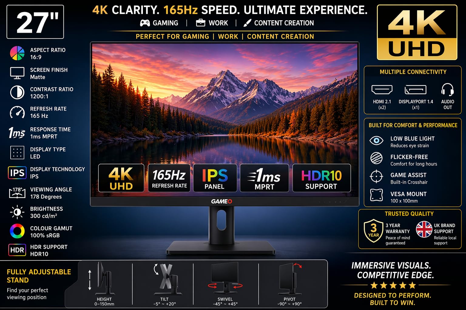 GAMEO 27 Inch Gaming Monitor, 4K UHD 3840×2160 165Hz, Fast IPS Computer Monitor, 1ms MPRT, HDR ready, 100% sRGB, Adaptive Sync, HDMI 2.1 & DP 1.4, Height Adjustable, VESA 100x100, G Series 27UHD165IPS — view 3