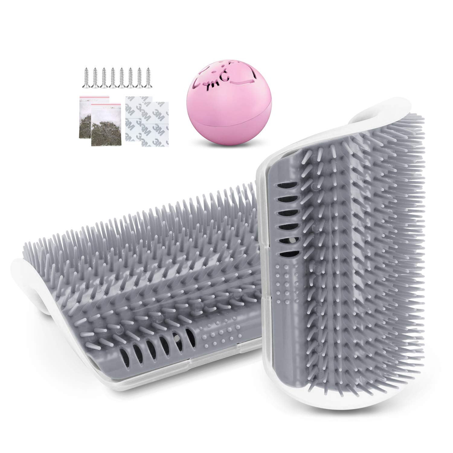 JEEZAO2 Pack Upgrade Long Cat Self Groomer, Wall Corner Grooming Brush, Cat Massage Comb Scratcher with Catnip Bag and Ball, Lengthen Comb Teeth (gray)