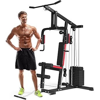 Multifunctional Home Gym Equipment with Lat Pulldown, Exercise Workout Station with Leg Press,Max 300LBS Capacity Home Gym Mahcine for Full Body Strength Training,Fit 1" & 2" Weight Plates(No Include)