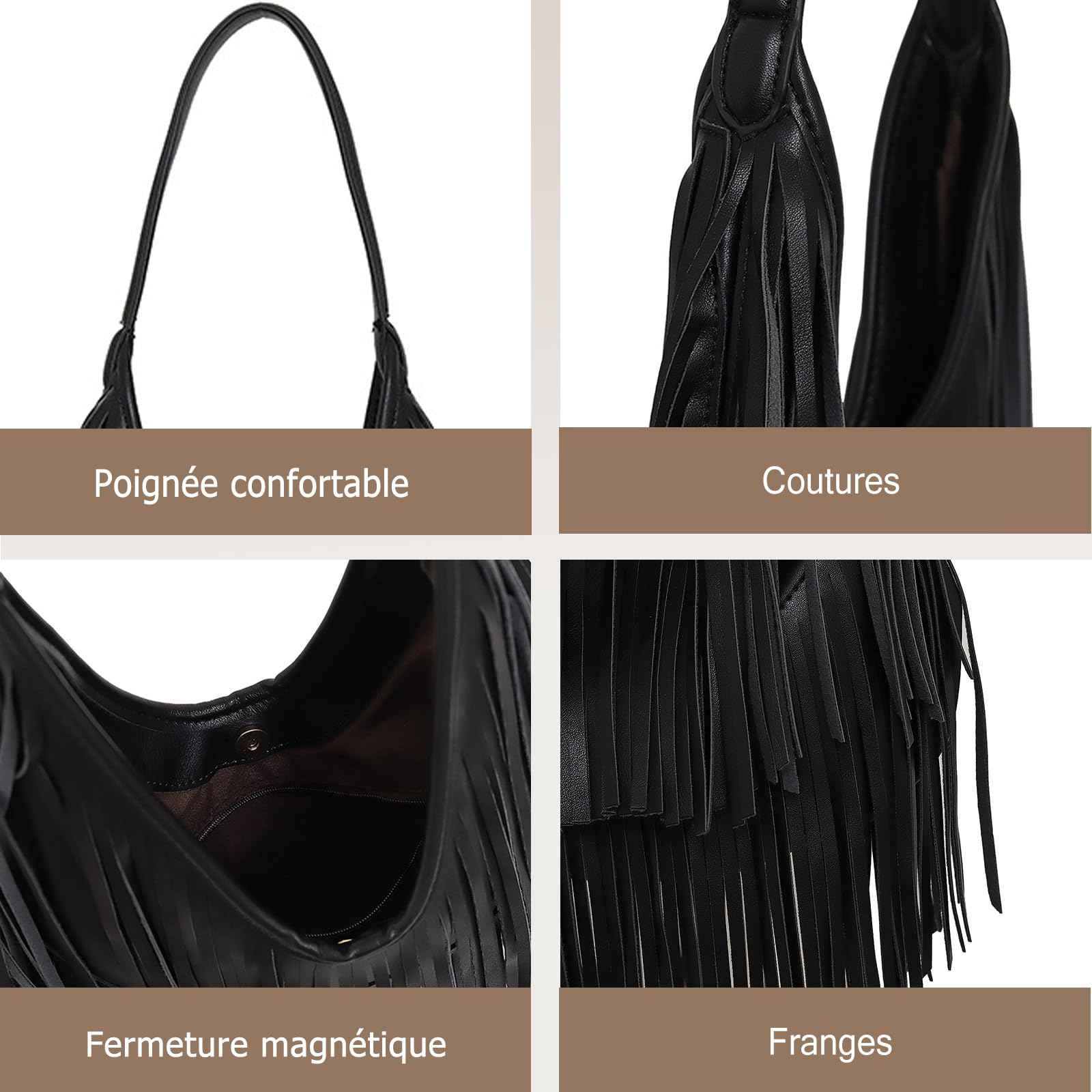Sac à Main Femme avec Franges Sacs Portés Épaule en Cuir PU Style Bohème Chic Sac sous-Bras pour Idée Cadeau Usage Quotidien Noir