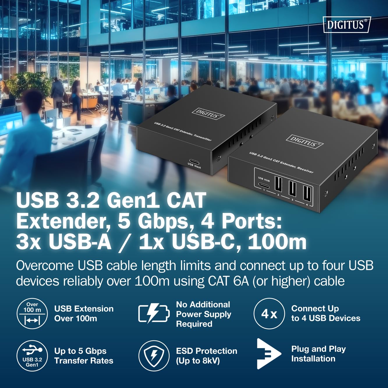 DIGITUS Ekstender USB 3.2 Gen1 przez Ethernet – 4-portowy hub USB – 3x Typ A, 1x Typ C – Zasięg 100 m z kablem sieciowym Cat 6 – 5 Gbps – Czarny