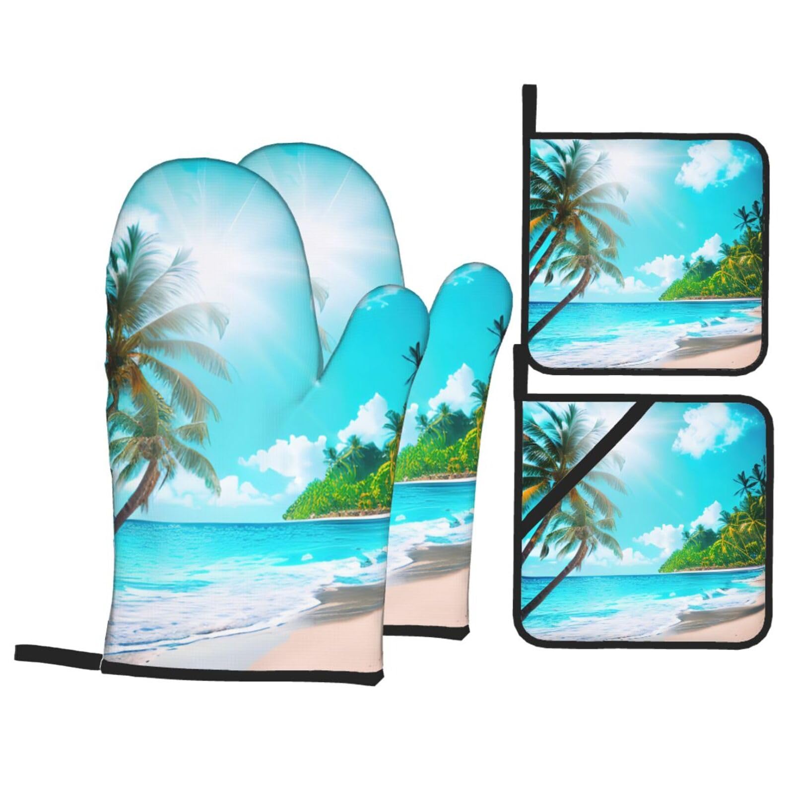 Tropical Ocean Beach Theme Print 4-Piece Heat-Resistant Oven Waterproof Kitchen Gloves Cooking Roasting Essential