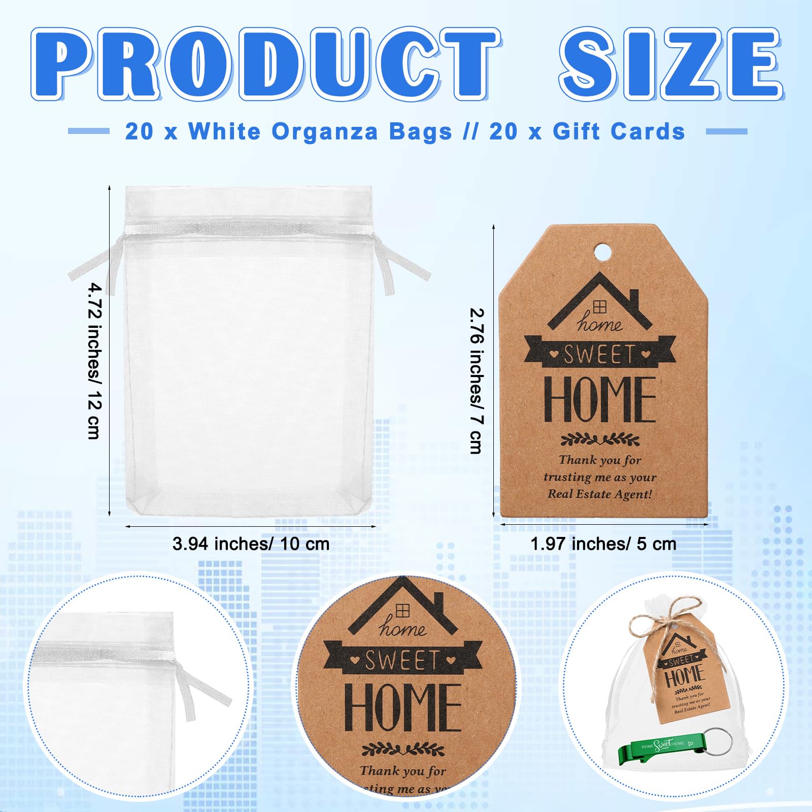 Tondiamo 20 Sets Estate Agent Gifts for Clients Bulk Home Sweet Bottle Opener Keychains Thank You Cards and Organza Bags Real Estate Agent Supplies Closing Gifts for Home Buyers